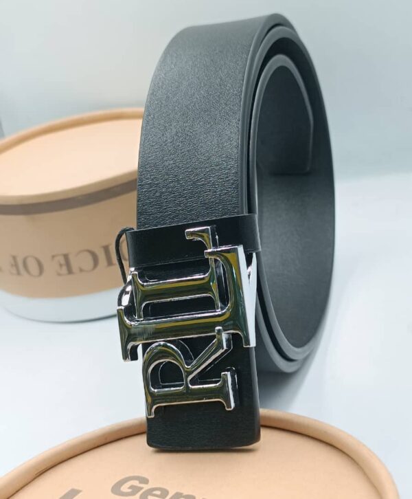Premium Black Leather Belt – Silver Monogram Buckle