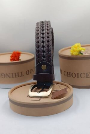 Premium woven leather belt in coffee brown with gold buckle.